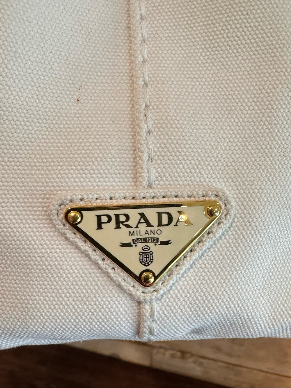 Authentic Prada Canapa Small Tote in ivory/cream canvas w/ gold hardware & strap - Picture 2 of 16